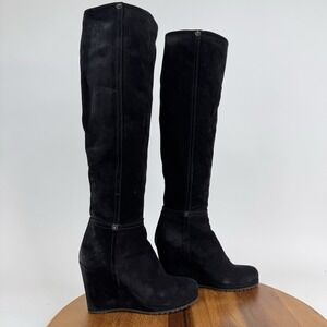 Womens Prada Black Suede Pull On Tall Knee‎ High Wedge Boots Size EU 35 / US 5
